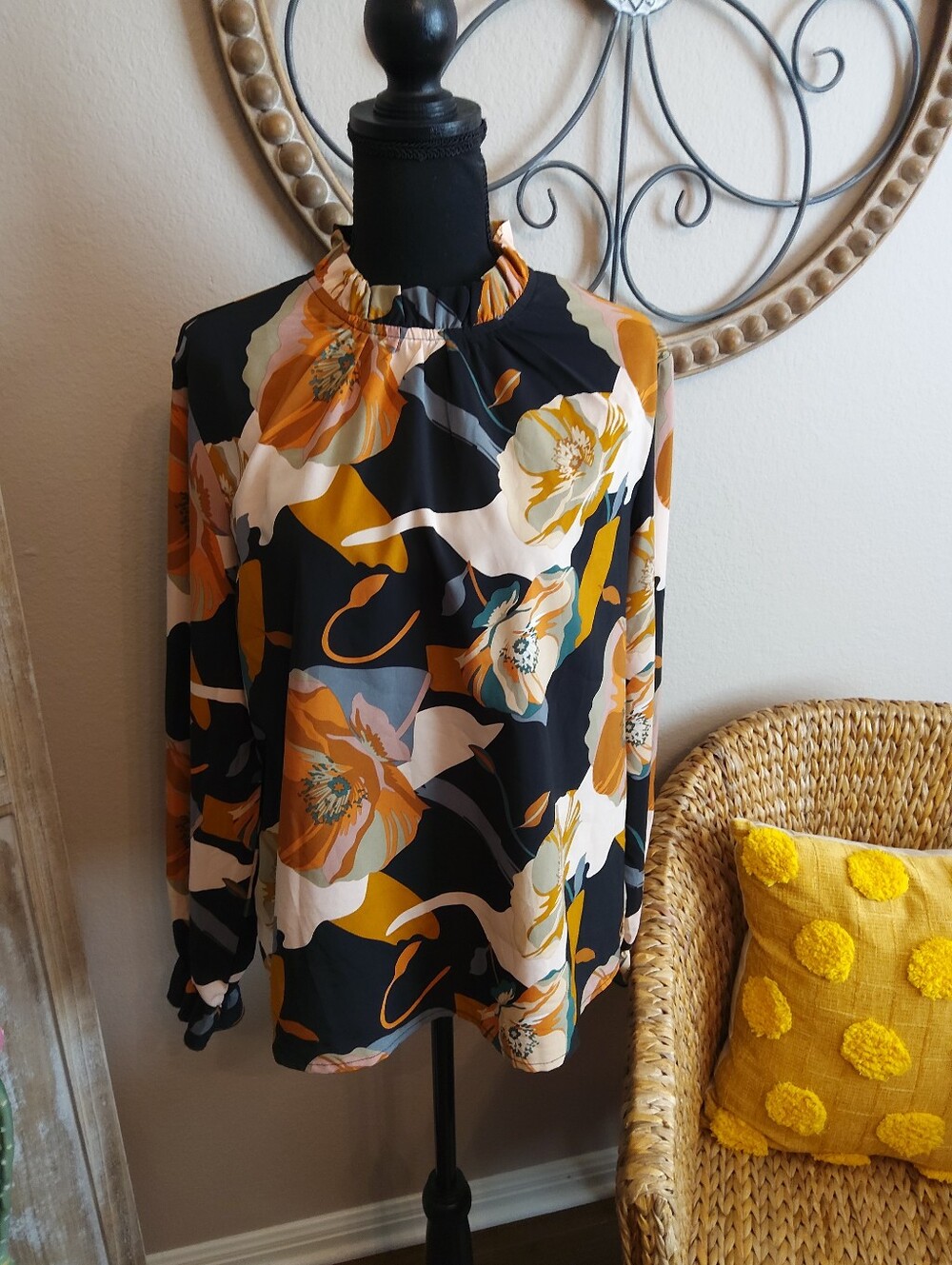 SHEIN Mustard & Black Floral Ruffle-Neck Blouse